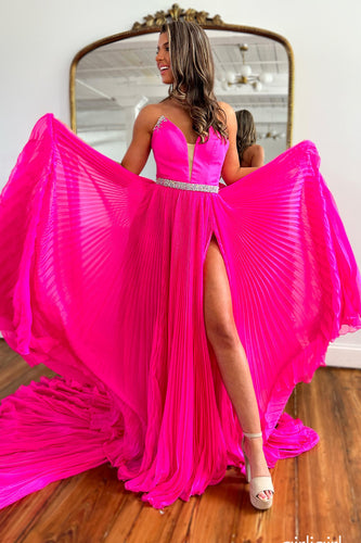 Sparkly Hot Pink Chiffon Pleated Long Prom Dress with Slit