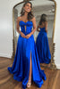 Load image into Gallery viewer, Royal Blue A-Line Corset Satin Long Prom Dress with Slit