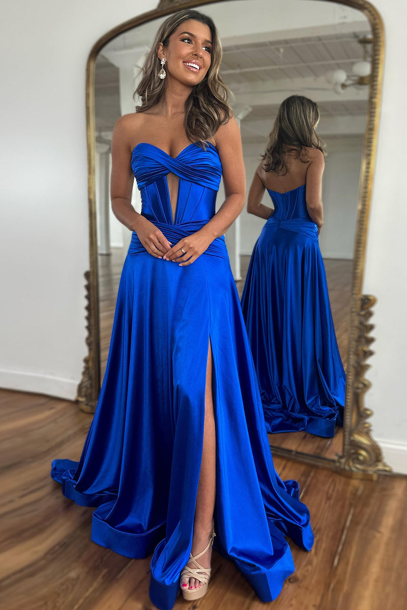 Load image into Gallery viewer, Royal Blue A-Line Corset Satin Long Prom Dress with Slit