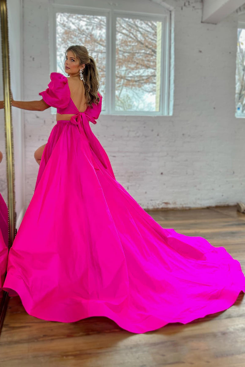 Load image into Gallery viewer, Hot Pink A-Line Short Sleeves Long Prom Dress with Slit