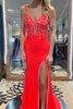 Load image into Gallery viewer, Fuchsia Mermaid V Neck Long Appliqued Prom Dress With Slit