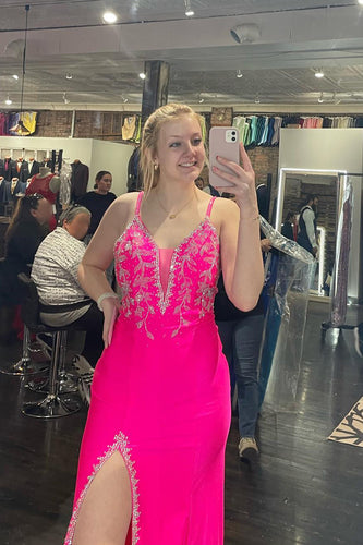 Fuchsia Mermaid V Neck Long Appliqued Prom Dress With Slit