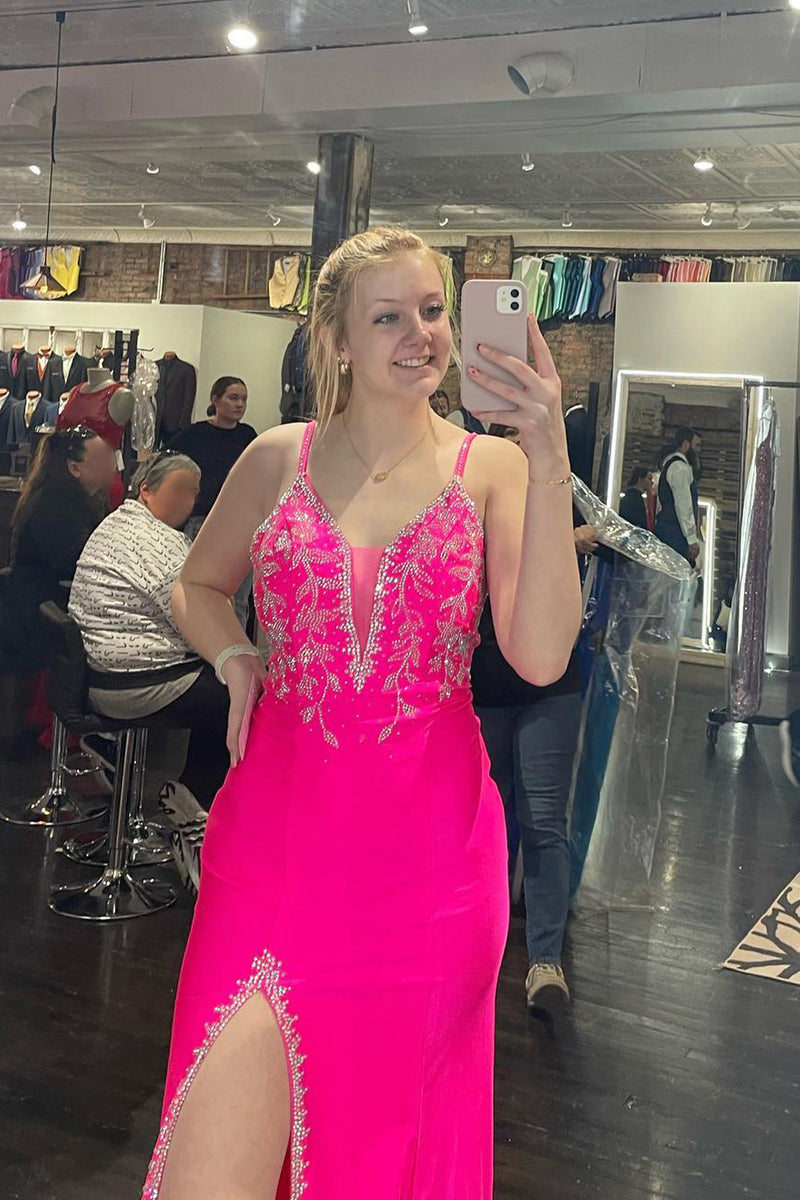 Load image into Gallery viewer, Fuchsia Mermaid V Neck Long Appliqued Prom Dress With Slit