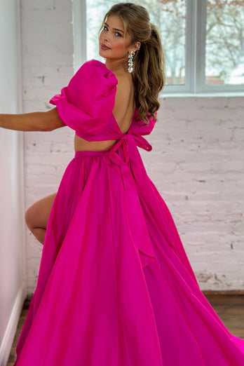 Hot Pink A-Line Short Sleeves Long Prom Dress with Slit