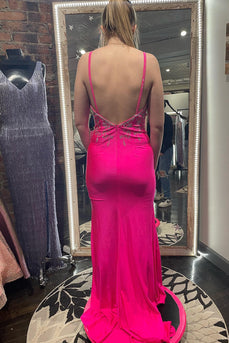 Fuchsia Mermaid V Neck Long Appliqued Prom Dress With Slit