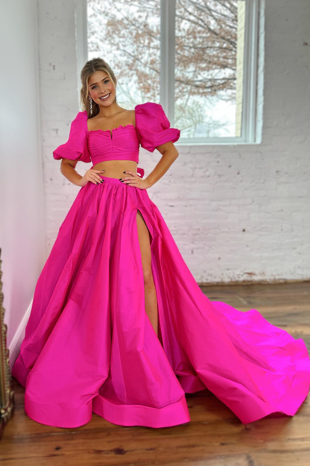 Hot Pink A-Line Short Sleeves Long Prom Dress with Slit