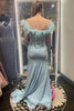 Load image into Gallery viewer, Light Blue Feathered Neck Mermaid Long Prom Dress With Slit