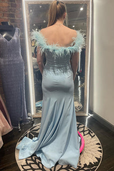 Light Blue Feathered Neck Mermaid Long Prom Dress With Slit