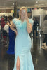 Load image into Gallery viewer, Light Blue Feathered Neck Mermaid Long Prom Dress With Slit