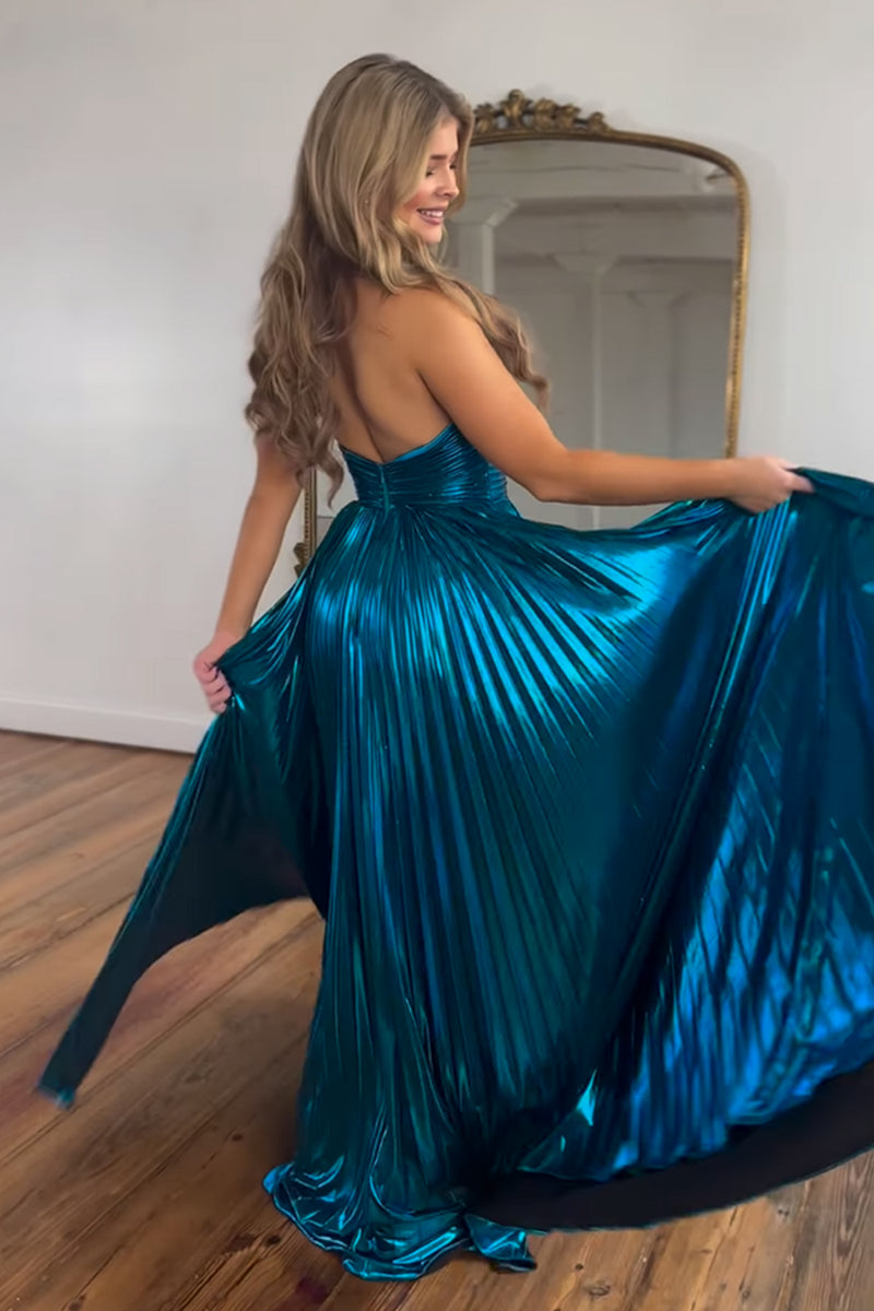 Load image into Gallery viewer, Glitter Turquoise Halter Cut Out Backless Metallic Long Prom Dress with Slit