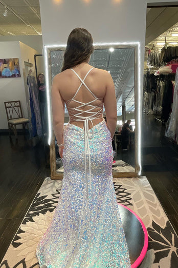 Sparkly White Mermaid V Neck Long Prom Dress With Slit