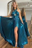 Load image into Gallery viewer, Glitter Turquoise Halter Cut Out Backless Metallic Long Prom Dress with Slit