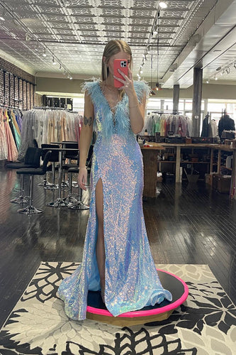 Sparkly Light Blue Mermaid Backless Long Feathered Prom Dress With Slit