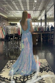 Sparkly Light Blue Mermaid Backless Long Feathered Prom Dress With Slit