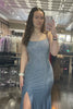 Load image into Gallery viewer, Glitter Grey Mermaid Spaghetti Straps Long Prom Dress With Slit