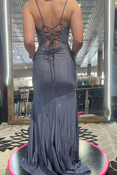 Glitter Grey Mermaid Spaghetti Straps Long Prom Dress With Slit
