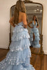 Load image into Gallery viewer, Sparkly Light Blue Halter Backless Lace Tiered Long Prom Dress with Slit