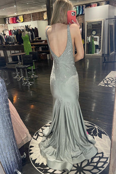 Sparkly Grey Mermaid Backless Long Prom Dress With Sequins