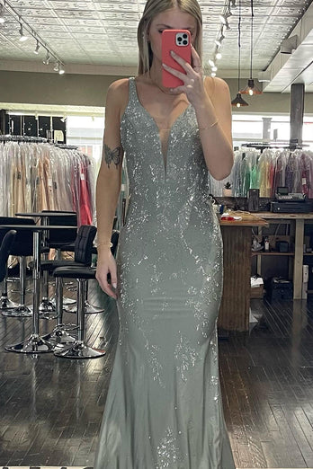 Sparkly Grey Mermaid Backless Long Prom Dress With Sequins