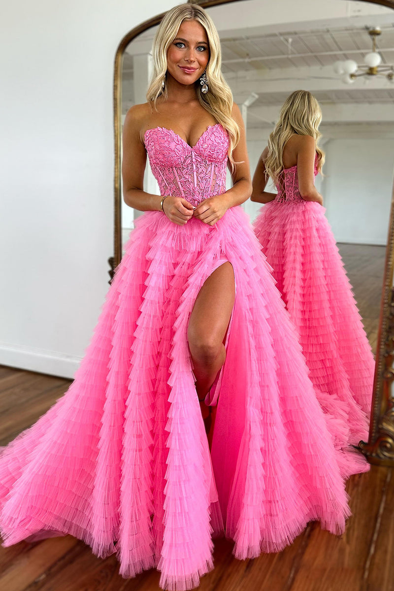 Load image into Gallery viewer, Pink Corset A-Line Sweetheart Tiered Long Prom Dress with Lace