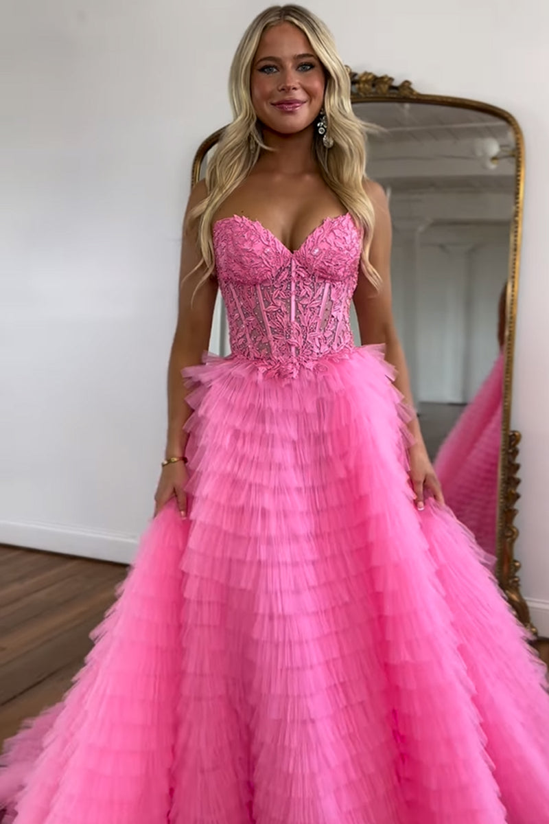 Load image into Gallery viewer, Pink Corset A-Line Sweetheart Tiered Long Prom Dress with Lace