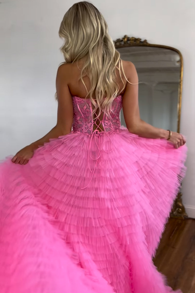 Load image into Gallery viewer, Pink Corset A-Line Sweetheart Tiered Long Prom Dress with Lace