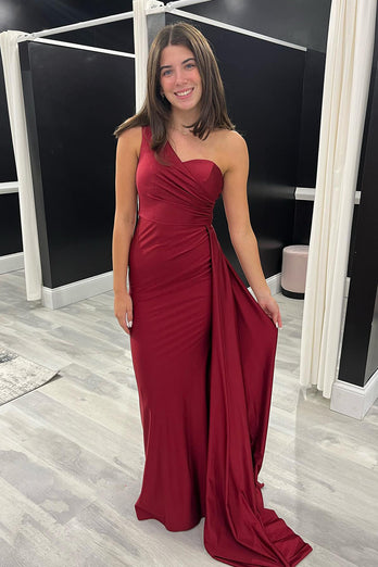 Burgundy Sheath One Shoulder Long Prom Dress