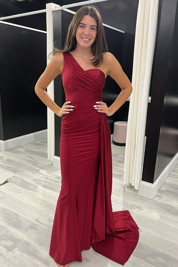 Burgundy Sheath One Shoulder Long Prom Dress