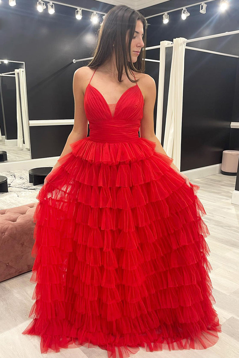 Load image into Gallery viewer, Red A Line Spaghetti Straps Long Tiered Prom Dress