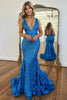 Load image into Gallery viewer, Sparkly Blue Deep V Neck Sequin Mermaid Prom Dress