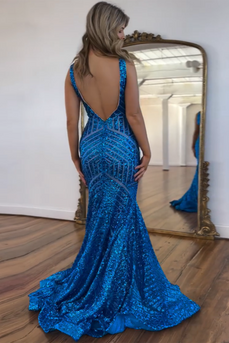 Sparkly Blue Deep V Neck Sequin Mermaid Prom Dress