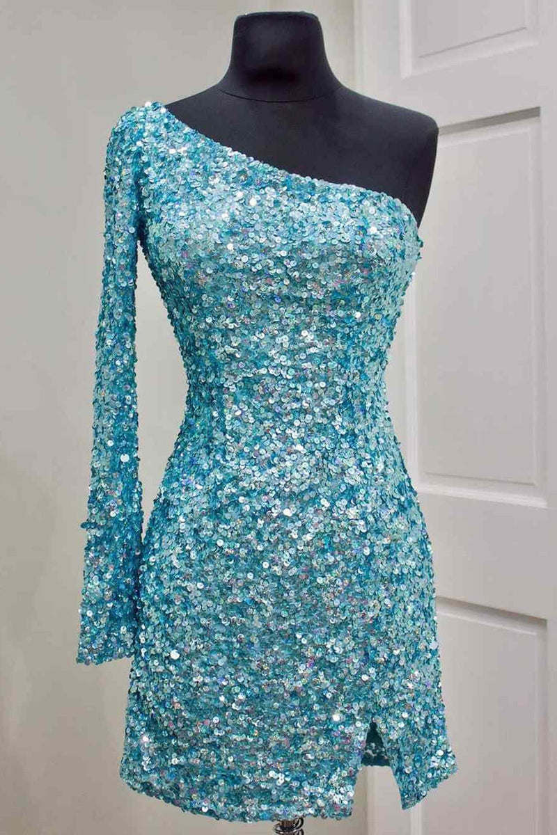 Load image into Gallery viewer, Blue Sequins Party Dress with Sleeves