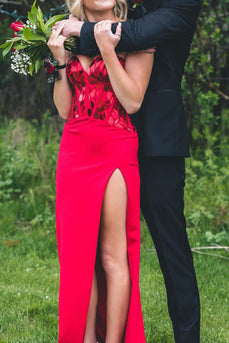 Glitter Red Mirror Long Prom Dress with Slit