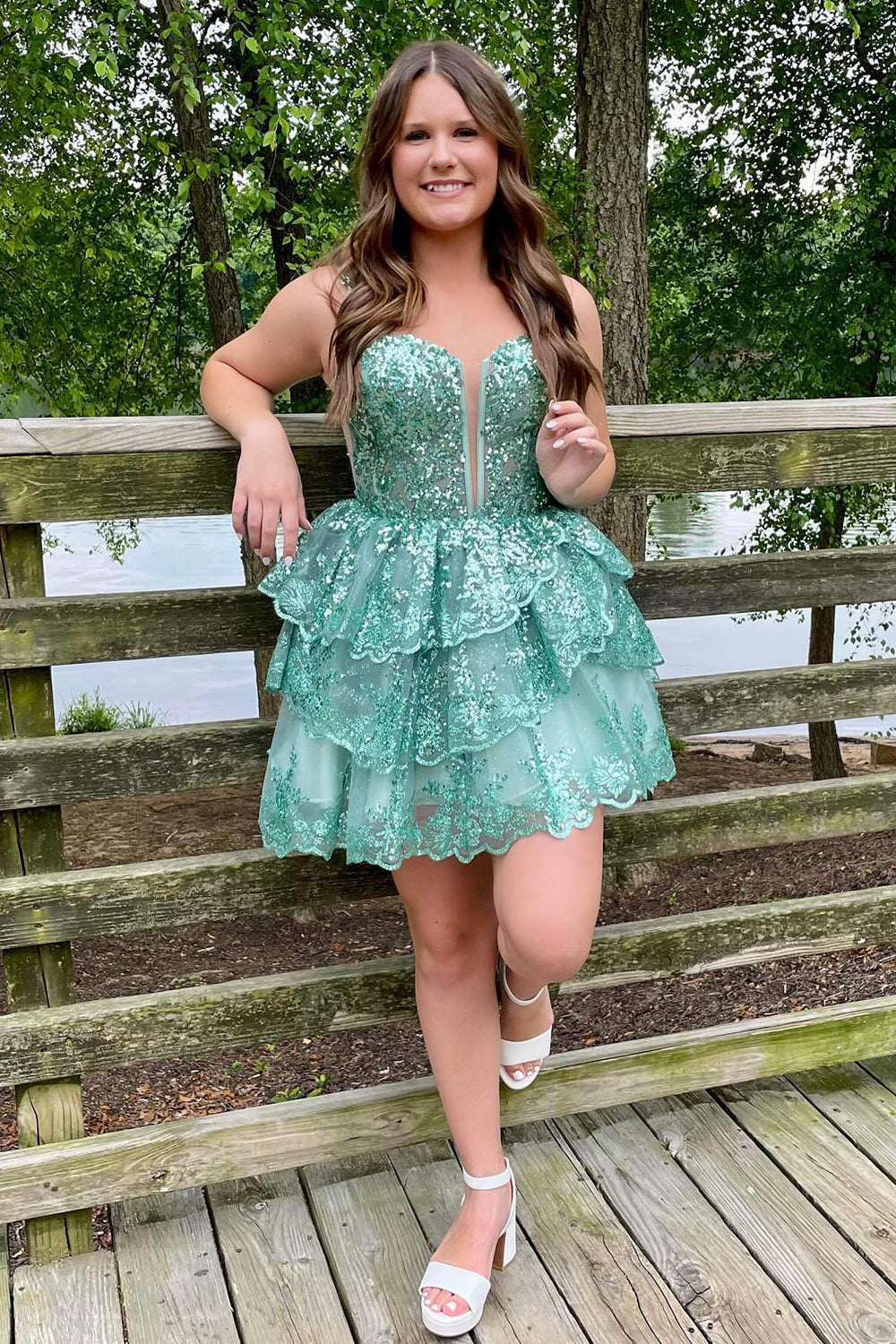 Sparkly Green Sequined Tiered A-Line Party Dress