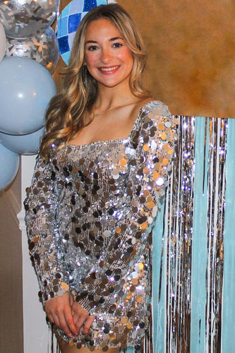 Glitter Silver Square Neck Long Sleeves Tight Party Dress