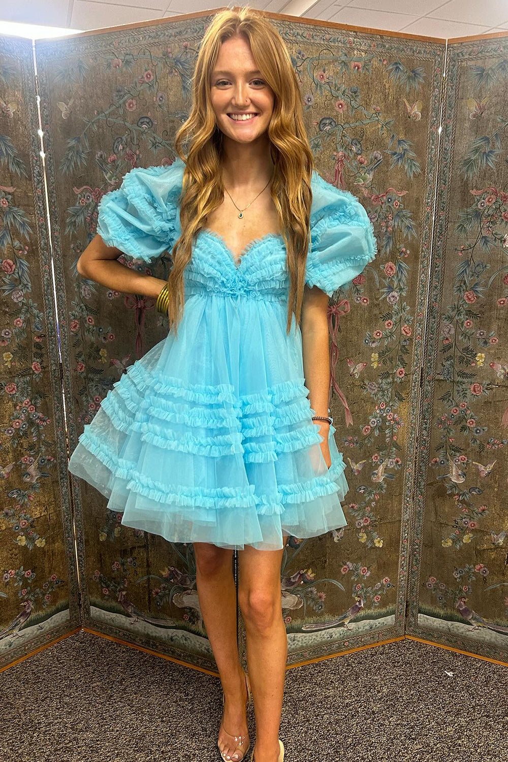 Blue A-Line Ruffled Puff Sleeves Tulle Short Prom Dress