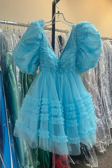 Blue A-Line Ruffled Puff Sleeves Tulle Short Prom Dress