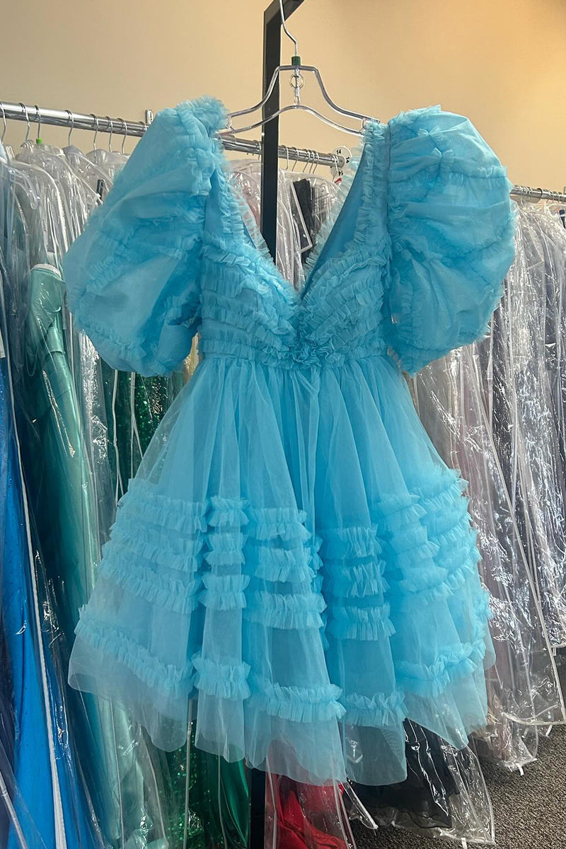 Load image into Gallery viewer, Blue A-Line Ruffled Puff Sleeves Tulle Short Prom Dress