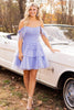 Load image into Gallery viewer, Blue A-Line Tiered Cold Shoulder Tulle Party Dress with Feathers