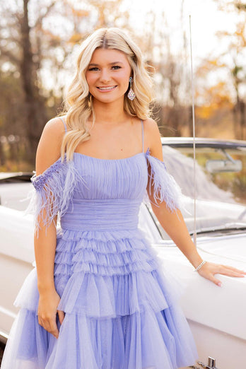 Blue A-Line Tiered Cold Shoulder Tulle Party Dress with Feathers