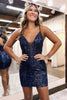 Load image into Gallery viewer, Glitter Navy Tight V Neck Short Prom Dress