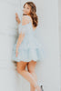 Load image into Gallery viewer, Blue A-Line Tiered Cold Shoulder Tulle Party Dress with Feathers