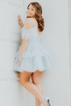 Blue A-Line Tiered Cold Shoulder Tulle Party Dress with Feathers