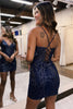 Load image into Gallery viewer, Glitter Navy Tight V Neck Short Prom Dress