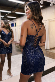 Glitter Navy Tight V Neck Short Prom Dress