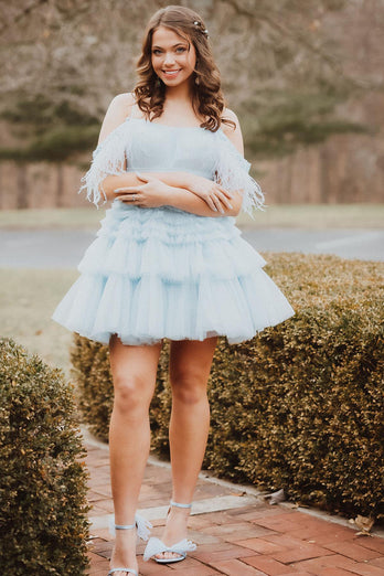 Blue A-Line Tiered Cold Shoulder Tulle Party Dress with Feathers