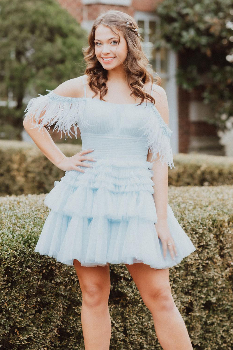 Load image into Gallery viewer, Blue A-Line Tiered Cold Shoulder Tulle Party Dress with Feathers