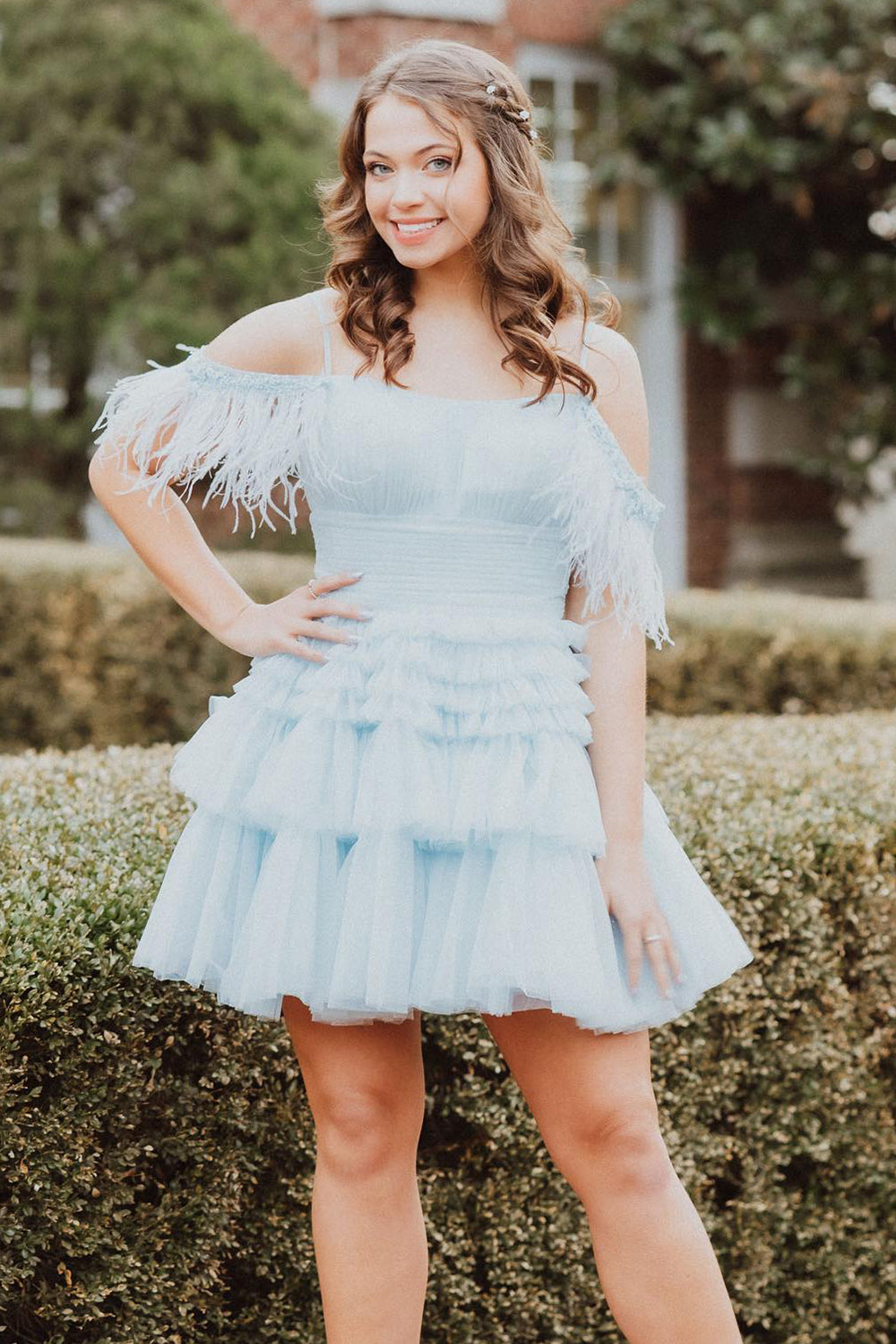 Blue A-Line Tiered Cold Shoulder Tulle Party Dress with Feathers