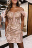 Load image into Gallery viewer, Giltter Rose Gold Tight Short Party Dress with Feathers