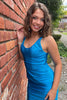 Load image into Gallery viewer, Glitter Blue Beaded Tight Pleats Short Prom Dress